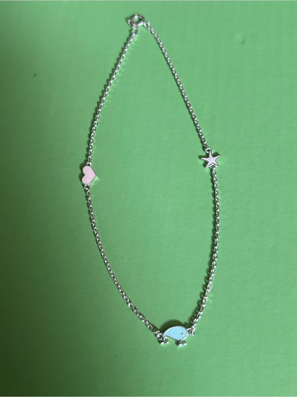 Sterling Silver Women’s Anklet with Pink Heart, Blue Whale & Star Charms